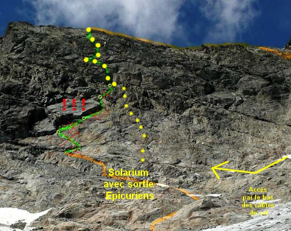 La paroi du col du Tondu en 2012 avec la voie Solarium / Epicuriens tracée en jaune